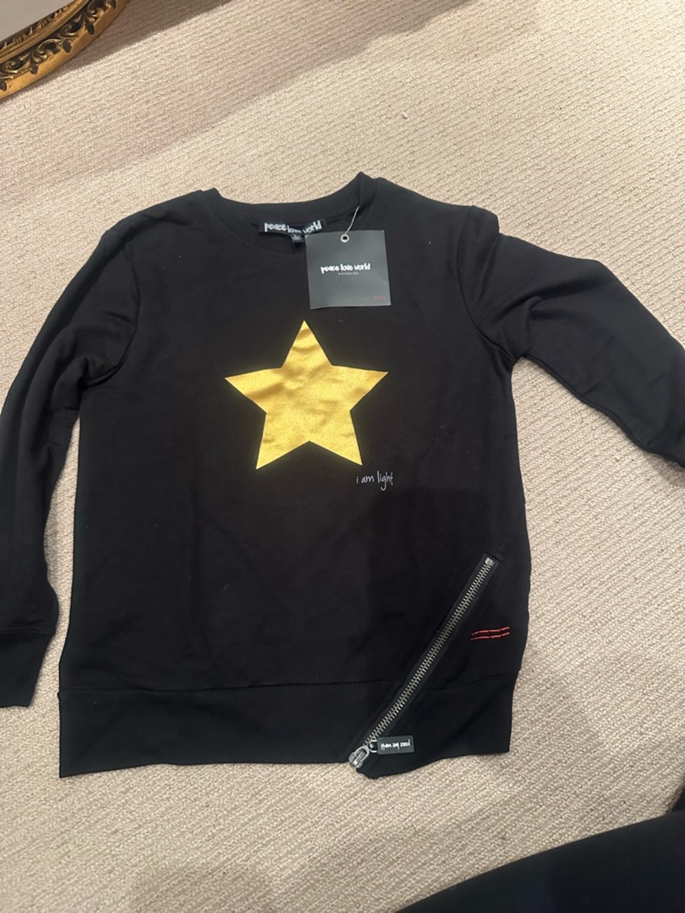 peace love world Black Kids Sweatshirt with Gold Star and matching pants